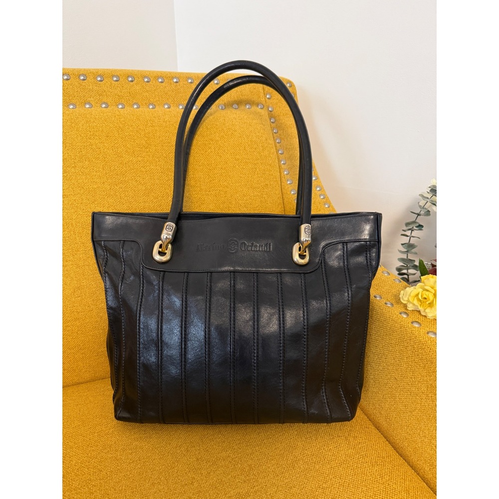 Marino Orlandi Black Leather Tote Bag Made in Italy Pleated Shoulder‎ Bag